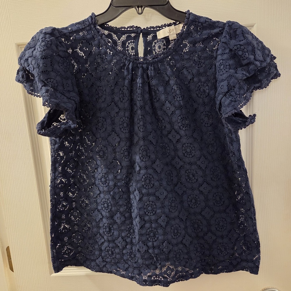 Loft sz L blue sheer lace geo print ss top casual boho peasant cotton/nylon